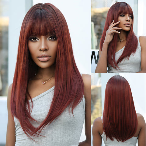 【Ellie 9】BUY 3 wigs pay 2 wigs 18 Inch long straight wigs red with bangs wigs for women WL1084-1