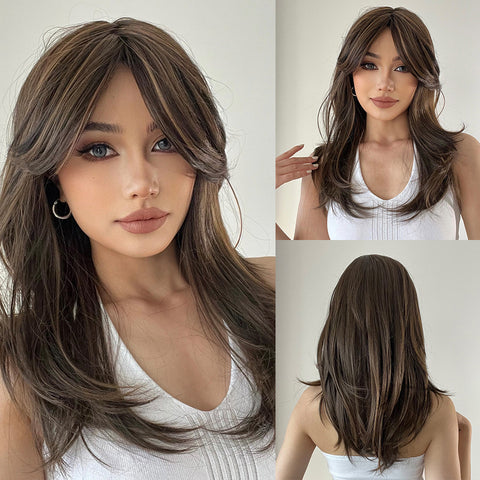 【YW78】18 inches natural brown side part layered long straight wigs for women dailywear