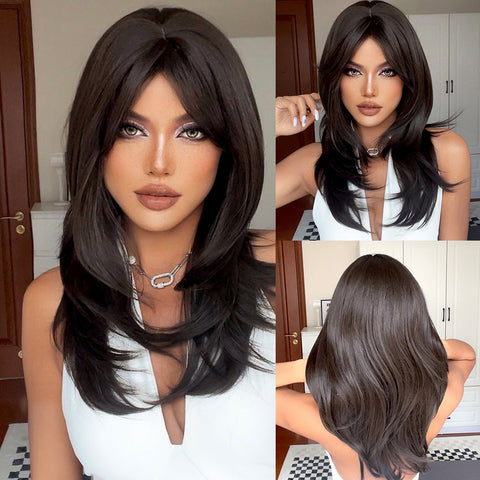 【Melody Picked】Middle Length Dark  Brown Natural Curly Wig with Middle Part LC259-8