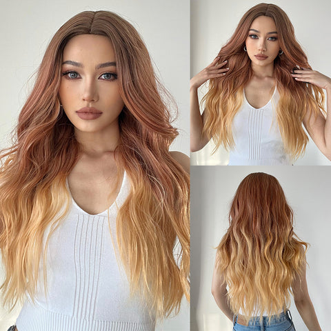 【WAVES】22 inches Long Ombre Brown Gold Wavy Curly Wig Heat Resistant Synthetic Wig  LC371-1