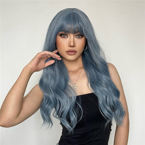 【Peachy 65】Haircube Long Blue Wavy Synthetic Wigs With Bangs LC194-1