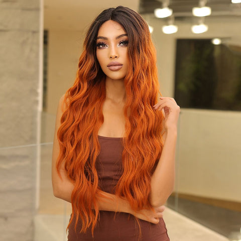 【peachy 34】30-inch  black ombre orange lace front wigs Long curly Wavy Wig  HC11059-2