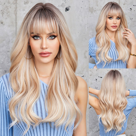 🔥NEW ARRIVAL!!!🔥【YW】24 Inches Long Curly Champagne Blonde Wigs with Bangs And White Highlight Synthetic Wigs Women's Wigs for Daily Use,Cosplay or Party Taking Photos LC048-1