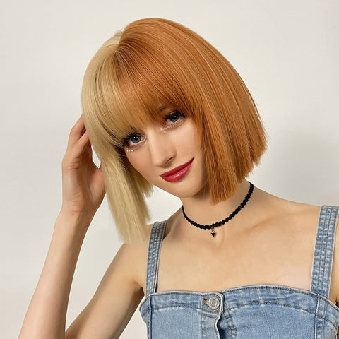 【WAVES】12 inch Short Straight  Faint Yellow and Orange Brown Bob Wig  LC6164