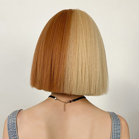 【WAVES】12 inch Short Straight  Faint Yellow and Orange Brown Bob Wig  LC6164