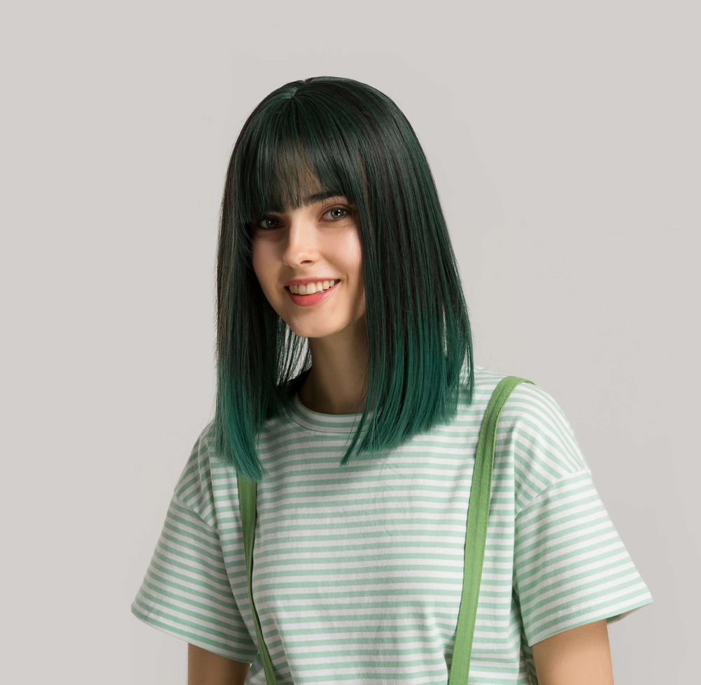【WAVES】Haircube Short Green Bob Straight Synthetic Wigs with bang ss152-1