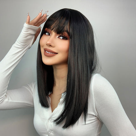 【Luna 37】 Haircube Middle Long Black Bob Straight Synthetic Wigs with Bang LC342-1
