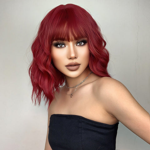 S52 Short Wine Red Slight Wavy  Curly Bob Wig  with Bang 14 Inch LC052