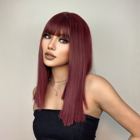 【Luna 6】 Haircube Short Wine Red Straight Wig with Bang Synthetic Heat  LC477