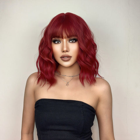 S52 Short Wine Red Slight Wavy  Curly Bob Wig  with Bang 14 Inch LC052