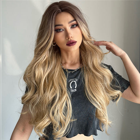 【WAVES】26 inch Long Ombre Brown Wavy Curly Wig Heat Resistant Synthetic Wig  LC5018-1