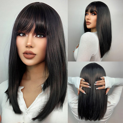 【Luna 37】 Haircube Middle Long Black Bob Straight Synthetic Wigs with Bang LC342-1