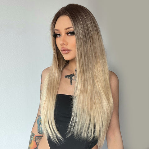 M48 ombre blonde middle part long straight hair  synthetic wigs for women  LC5106-1