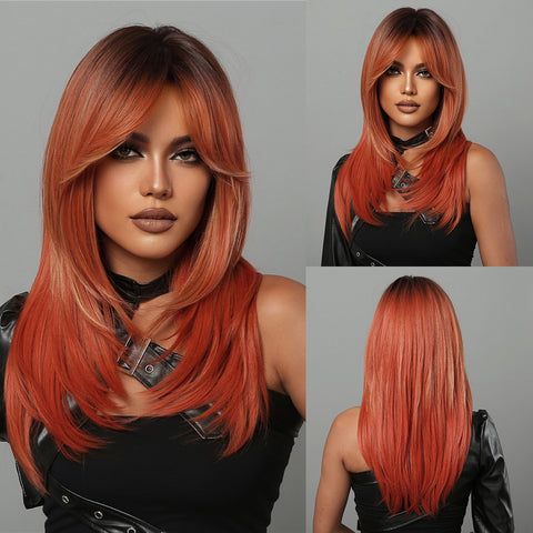 【Luna 33】 long black ombre orange straight wigs with bangs wigs for women LC2068-2