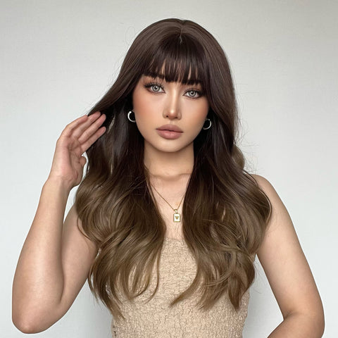 【Gaby 72】🔥BUY 3 WIG PAY 2 WIG🔥 Haircube 24 Inch Long Ombre Brown Slight Wavy Curly Wig with Bang   LC226-3