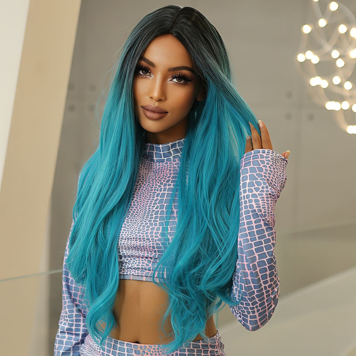 【Gaby 65】🔥BUY 3 WIG PAY 2 WIG🔥 black Ombre green Wigs Long Curly Wigs Middle Part Blonde Highlights Hair Wigs for Women WL1043-1