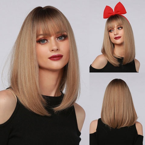 【Luna 76】Haircube 18 Inch Short Ombre Brown  Bob Wig with Bang  Lc6082