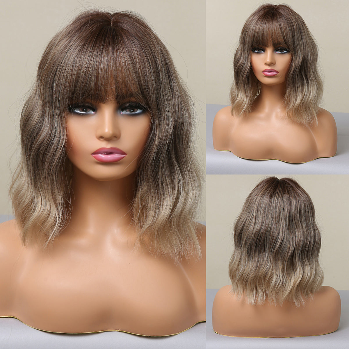 [Vicky] 14 Inch Gray Brown Short  Slight Wavy Curly Bob Wig with Bang Heat Resistant Synthetic Wig for Women Natural Comfortable Fashion Party Diy Daily LC058-1