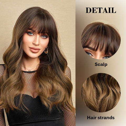 S84 Long Ombre Brown Wavy Curly Wig with Bang   lc226-3