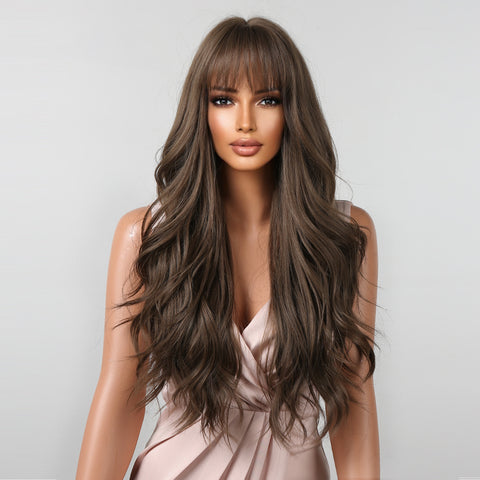 【Sphere 27】30 Inch deep brown long curly wigs with bangs wigs for women LC2088-2