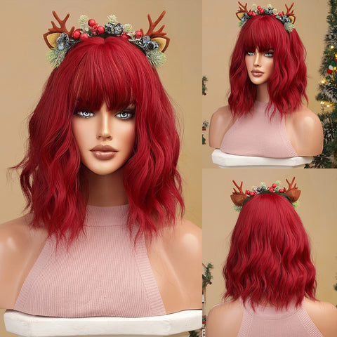 Haircube 12 Inch Short Red  Wavy Bob Wig Heat Resistant Synthetic Wig for Woman Diy Cosplay LC052