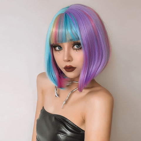 M44 Short srtaight bobo wigs purple with blue with bangs wigs for women for daily party ss178-1