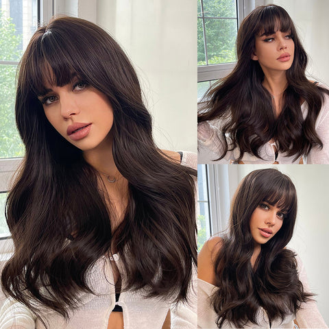 S81 Long Black-Brown Wavy Curly Wig  with Bang 26 Inch lc226-2
