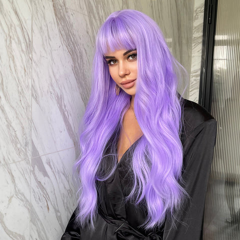 【Luna 19】 Haircube 26 Inch Long Ombre Purple Wavy Curly Wig with Bang Diy Cosplay LC6123