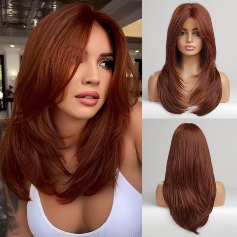 Haircube 22 Inch Chestnut  Colour Middle Long Wig with Inner Bukle Heat Resistant Synthetic Wig for Women Natural Comfortable Fashion Party Diy Daily LC468-2