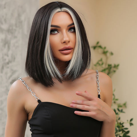 【Gaby 37】🔥BUY 3 WIG PAY 2 WIG🔥 Short Black with Gray Highlight Bob Wig Synthetic   WL1031-1