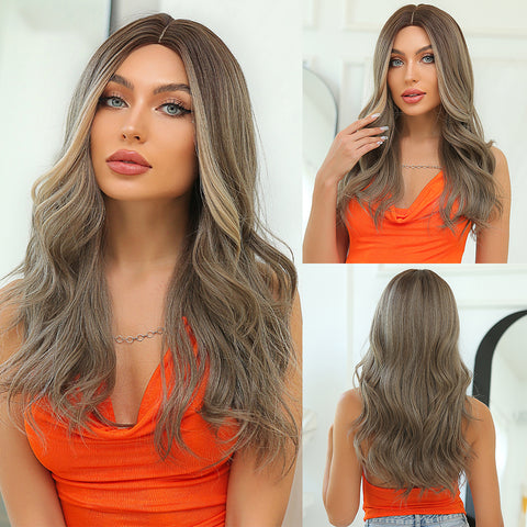 【YW42】26 inch long curly Brown Grey wig with Blonde Highlight Women's wig for daily or cosplay use LC078-1