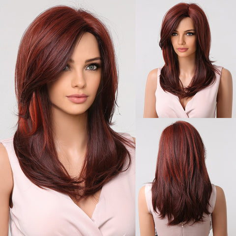 Haircube 22 Inch Dark Red Layered Straight Wig Heat Resistant Synthetic Wig for Women Natural Comfortable Fashion Party Diy Daily LC1002-2