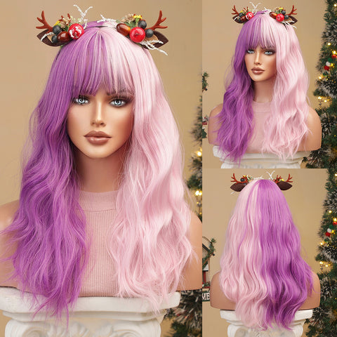【Gaby 72】🔥BUY 3 WIG PAY 2 WIG🔥Haircube 24 Inch Long Purple and  Pink  Wavy Curly Wig with Bang   Lc8025