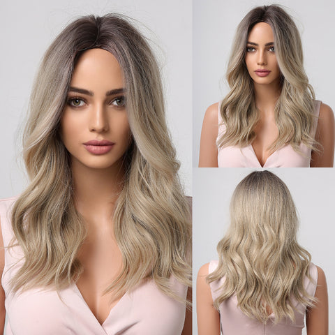 Haircube 16 Inch Grayish Brown Wavy Shoulder-Length Wig Middle Part Heat Resistant Synthetic Wig for Women Natural Comfortable Fashion Party Diy Daily LC1022-1