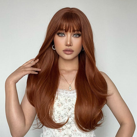 【YW76】 Haircube 24 Inch Long Buckle at the End of Hair Red Brown  Straight Wig  with Bang  LC015-1