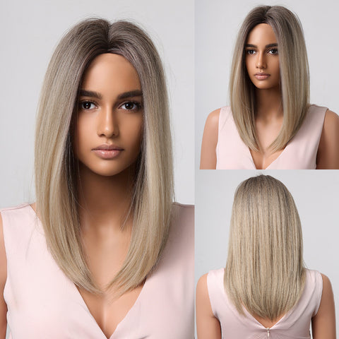 Haircube 16 Inch Grayish Brown Bob Shoulder-Length Wig Middle Part Heat Resistant Synthetic Wig for Women Natural Comfortable Fashion Party Diy Daily LC1021-1