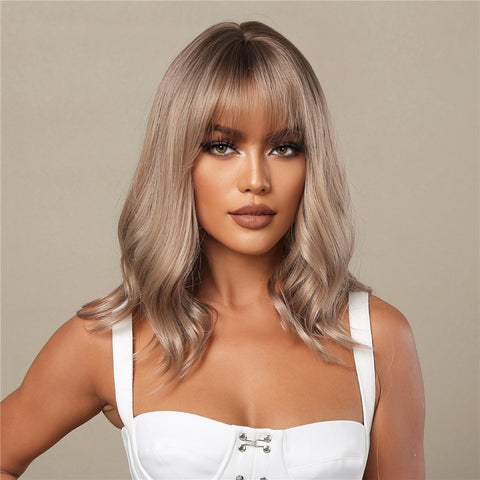 【YW23】16 Inch Light Brown Shoulder-Length Wavy Hair With Bangs Synthetic Heat Resistant Wig LC1006-1
