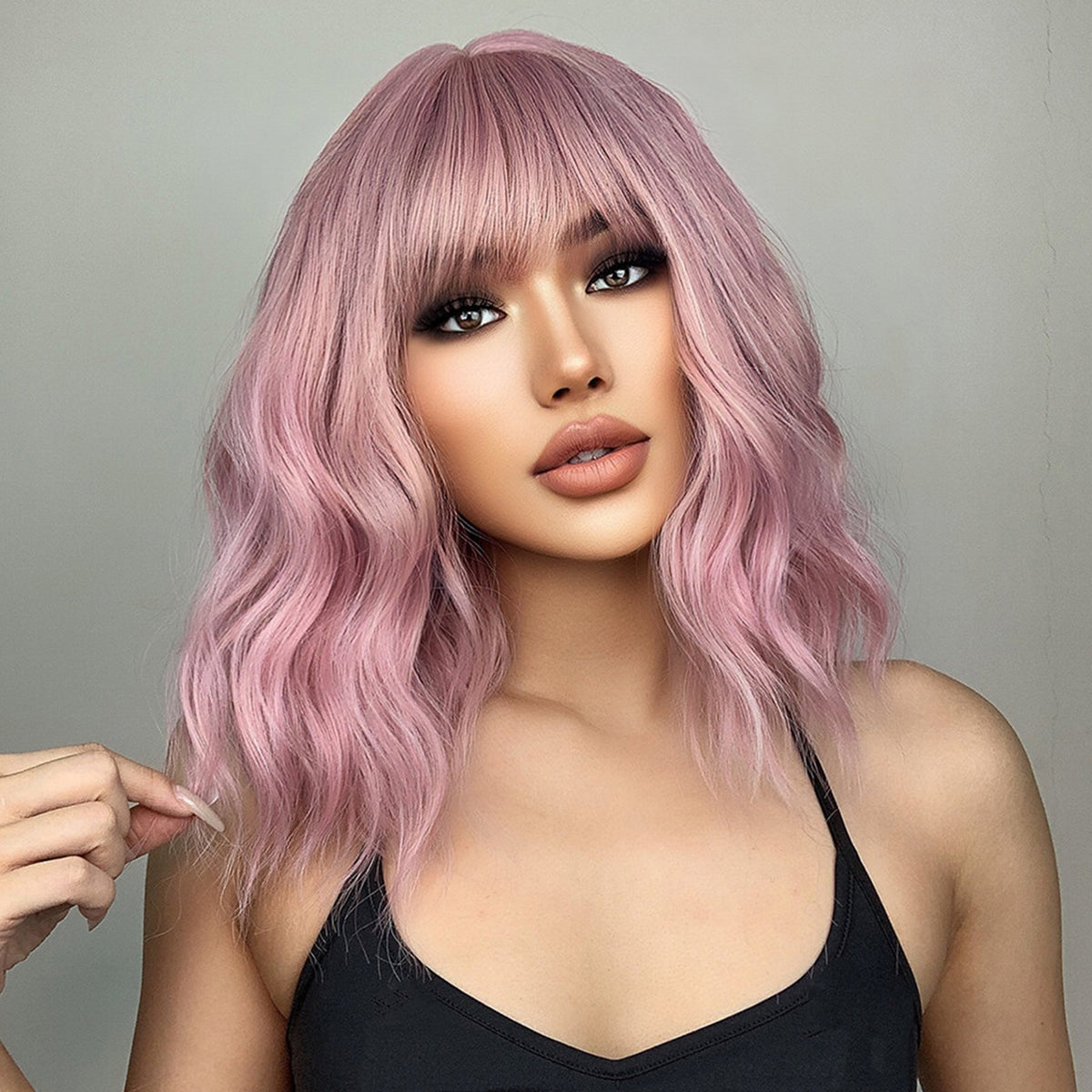 【Luna 11】Haircube 14 Inch Short Pink Wavy Curly Wig with Bang    LC210-1