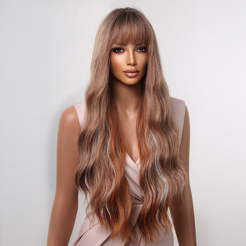 【Peachy 32】30 inches Long Brown Mixed Graysexy body wave  Wig with bangs  LC2059-1