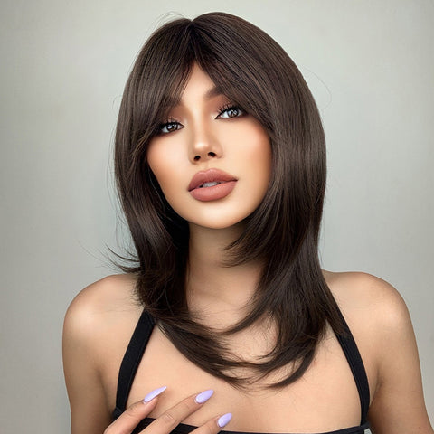 【YW81】 Haircube 18 Inch Middle Length Straight Brown Wig with Middle Part Bang  LC242-6
