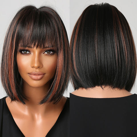 【Sphere 44】10-inch Black highlight red Short Straight Bob wigs With Bangs for Women LC2080-1