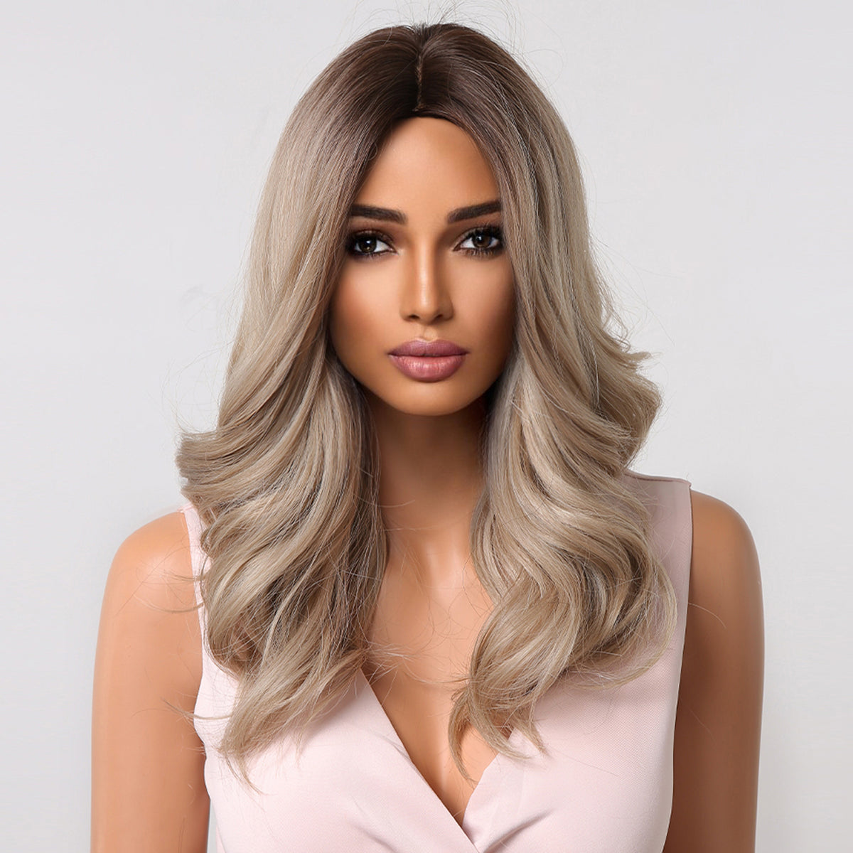 Haircube 18 Inch Ombre Platinum Blonde Shoulder Length Middle Part Wavy Wig Heat Resistant Synthetic Wig  Natural Comfortable for Woman Party Daily DIY LC2031-1
