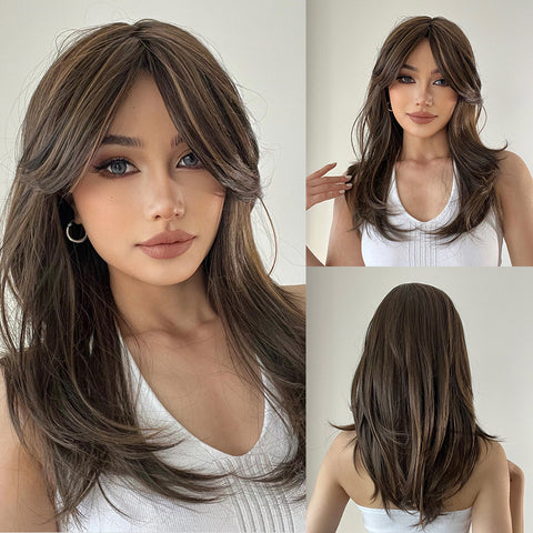 M45 natural brown side part layered long straight wigsr LC107-1
