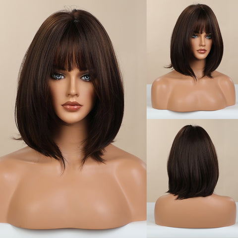 Haircube 14 Inch Black Brown Short Bob Wig with Bang Heat Resistant Synthetic Wig for Women Natural Comfortable Fashion Party Diy Daily LC8002