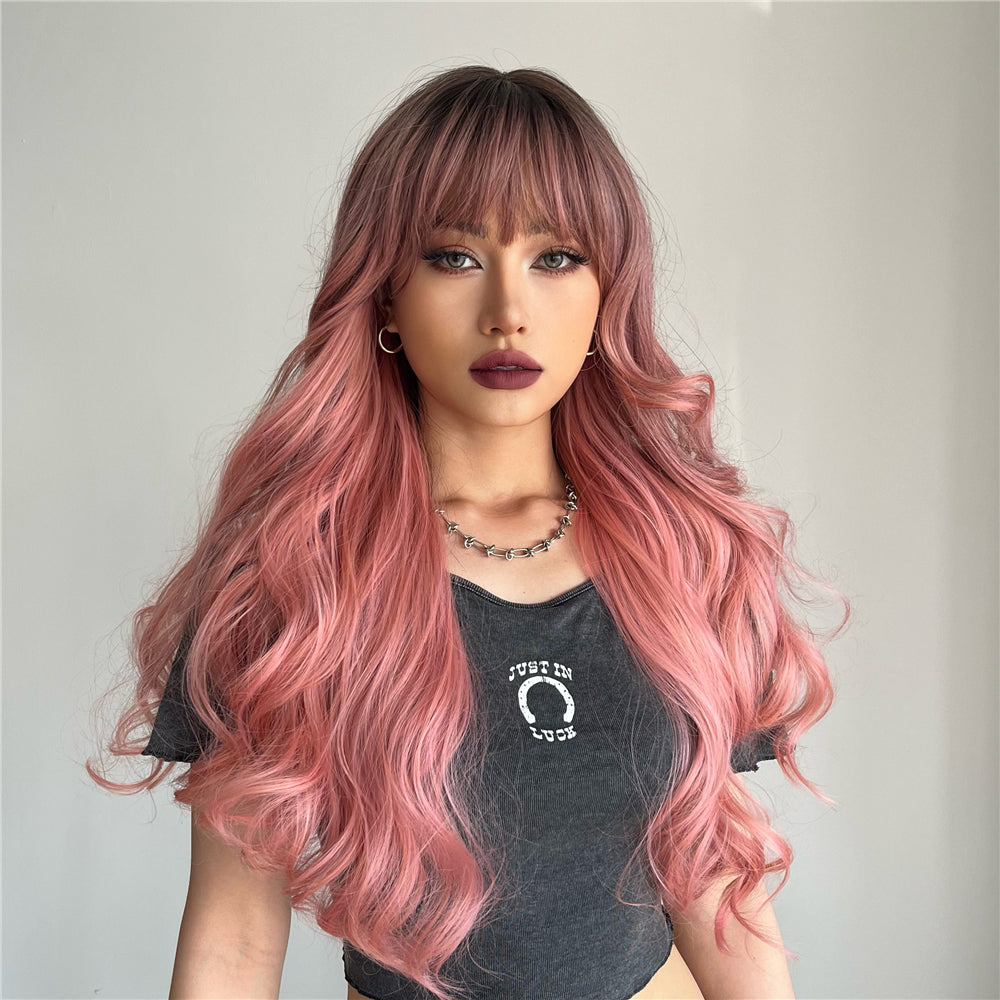 S79 Long Ombre Pink Slight Wavy Curly Wig with Bang  LC6018