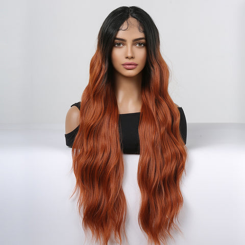 【Gaby 42】🔥BUY 3 WIG PAY 2 WIG🔥black ombre orange lace front wigs Long curly Wavy Wig for Women HC11059-2