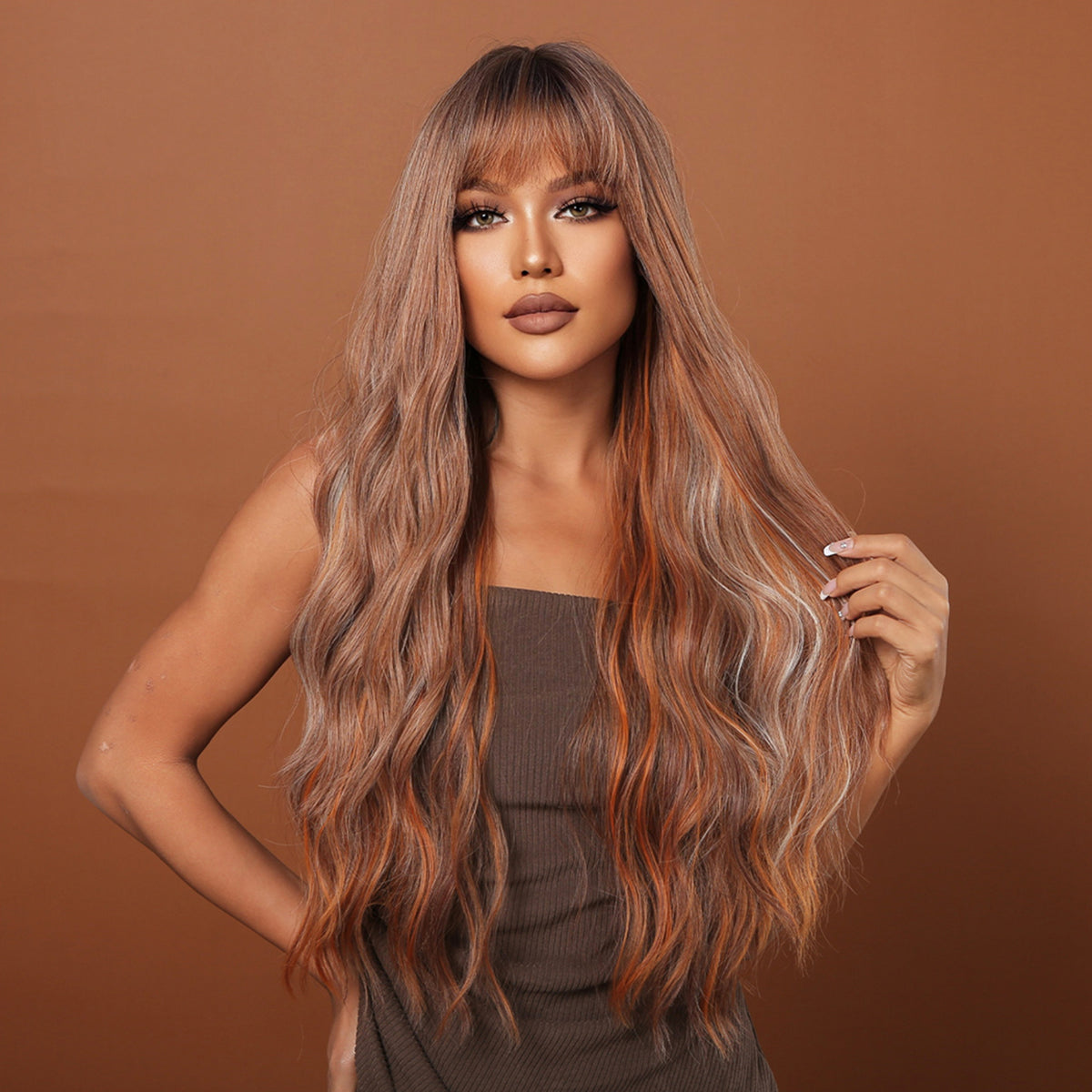 T6 Long Brown Mixed Blonde Wavy Wig for Women LC2039-1