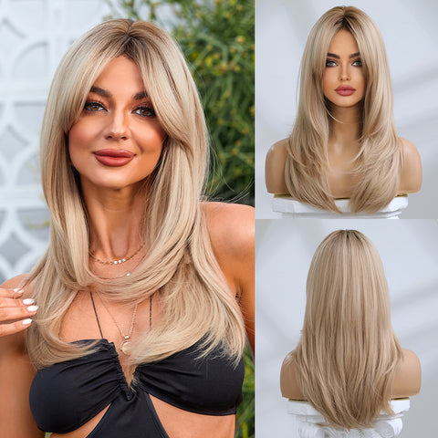 Haircube 22 Inch Middle Long Platinum Gold  Wig with Inner Bukle Heat Resistant Synthetic Wig for Women Natural Comfortable Fashion Party Diy Daily  lc8033