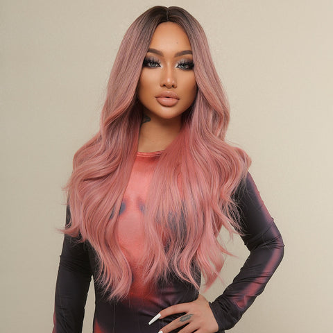 M26 Long curly wigs black ombre pink with middle bangs wigs for women for daily life LC313-1