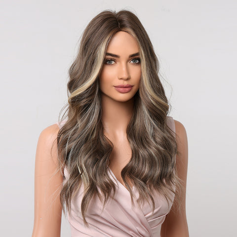 Haircube 22 Inch Brown with Gray Highlight Long Wavy Wig Middle Part Heat Resistant Synthetic Wig for Women Natural Comfortable Fashion Party Diy Daily LC1018-1